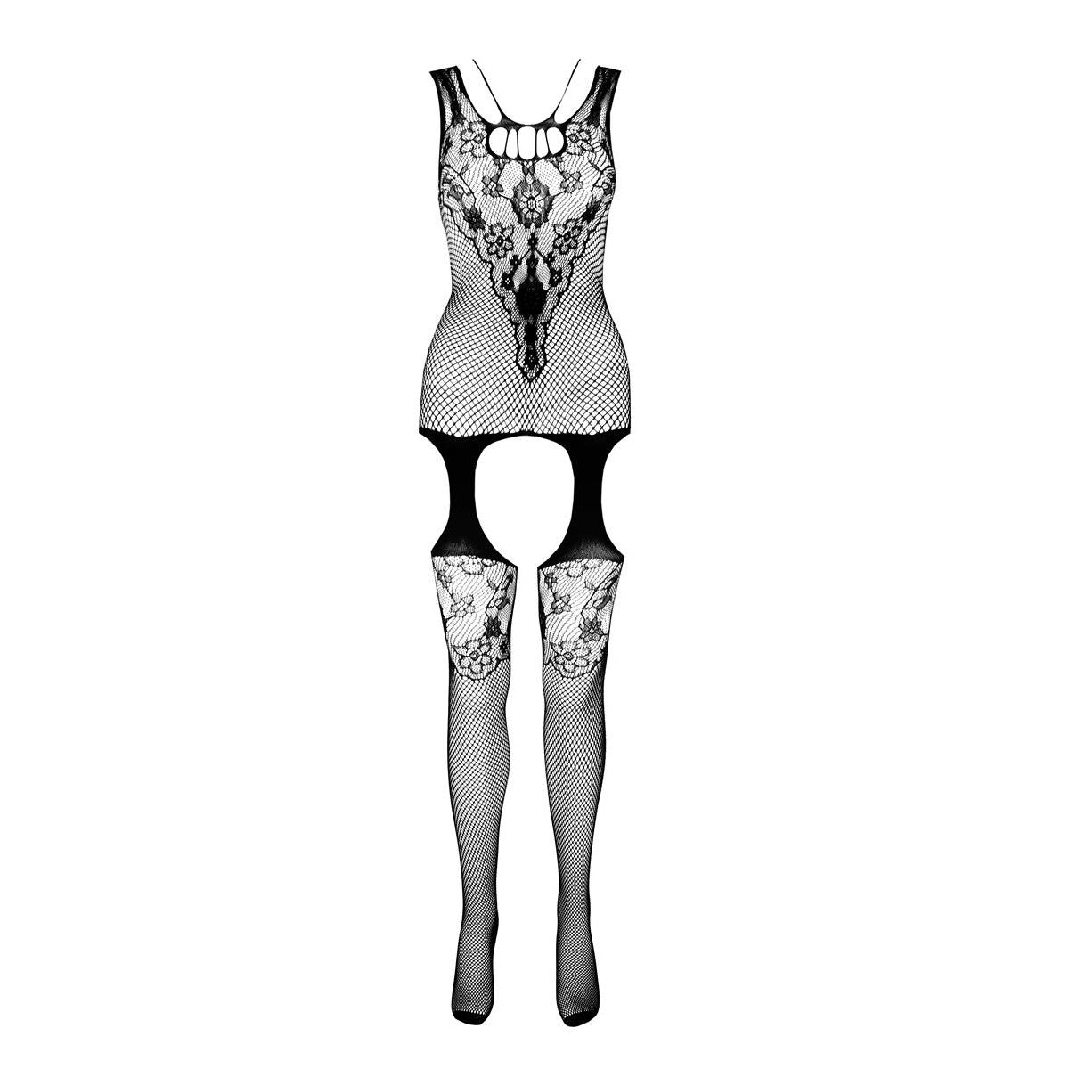 PASSION ECO Seductive bodystocking with suspender look and floral pattern